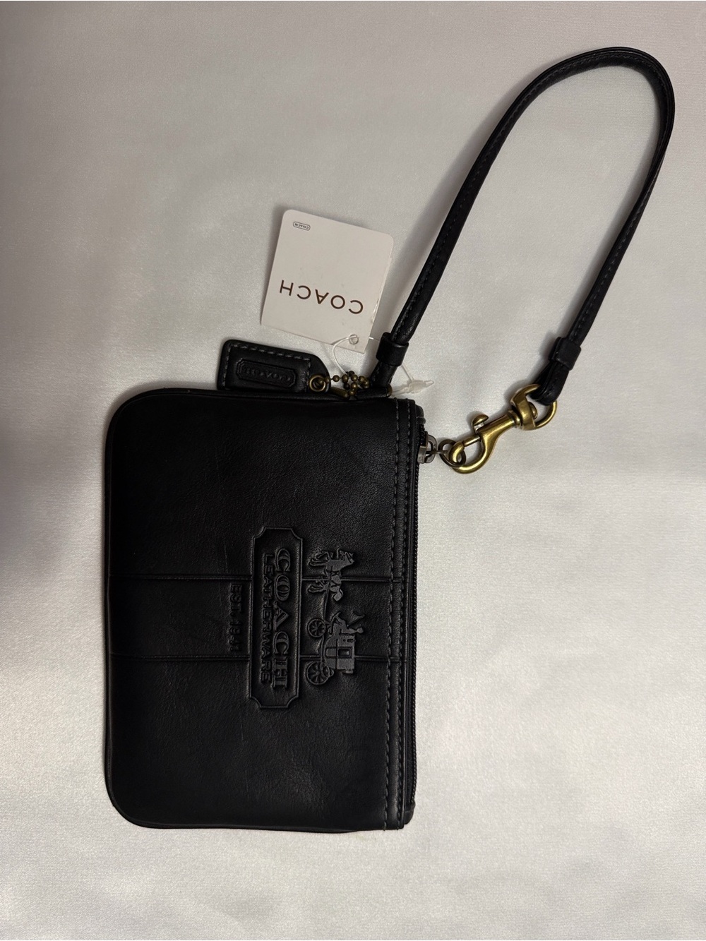 Coach Black Leather Zip Wristlet with Brass Clip
